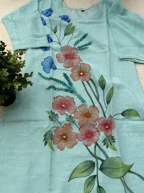 Hand painted flex cotton kurti with dupatta