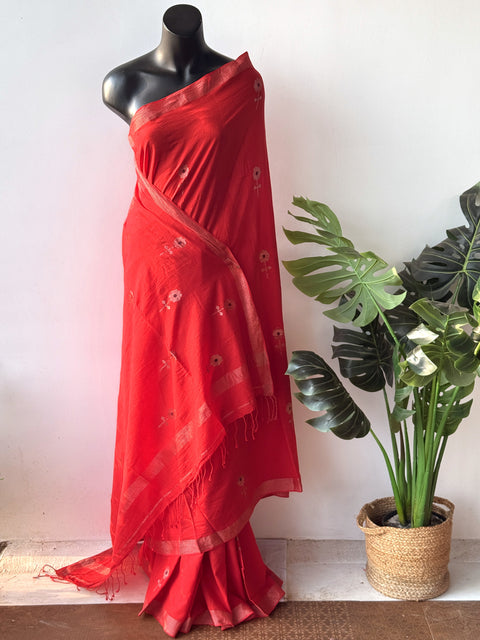 Red silver zari handspun pure jamdani saree