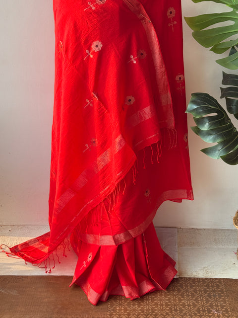 Red silver zari handspun pure jamdani saree