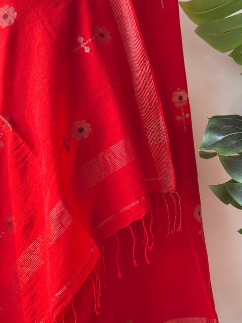 Red silver zari handspun pure jamdani saree