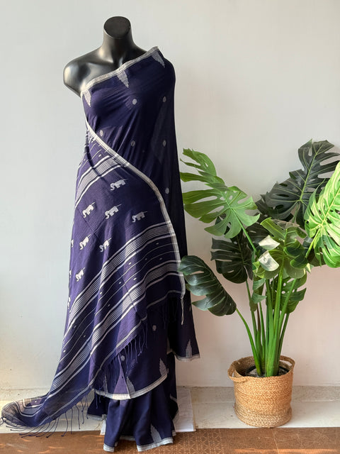 Yale Blue handspun pure jamdani saree