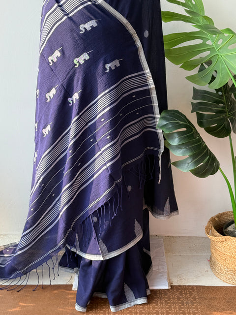 Yale Blue handspun pure jamdani saree