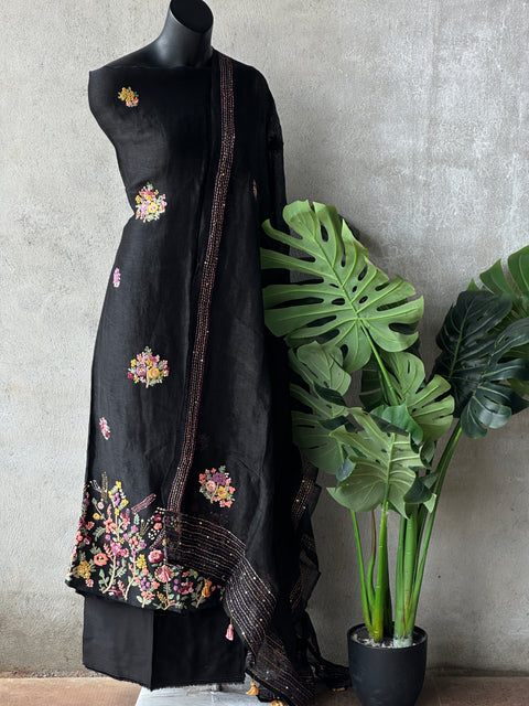 Black French knot silk linen salwar material