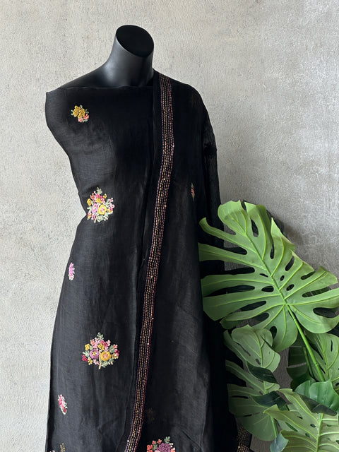 Black French knot silk linen salwar material