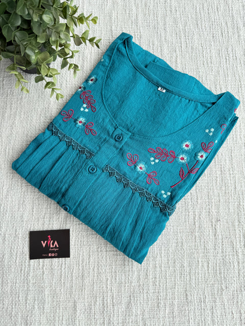 Neck emb Crush cotton nighty-Sapphire