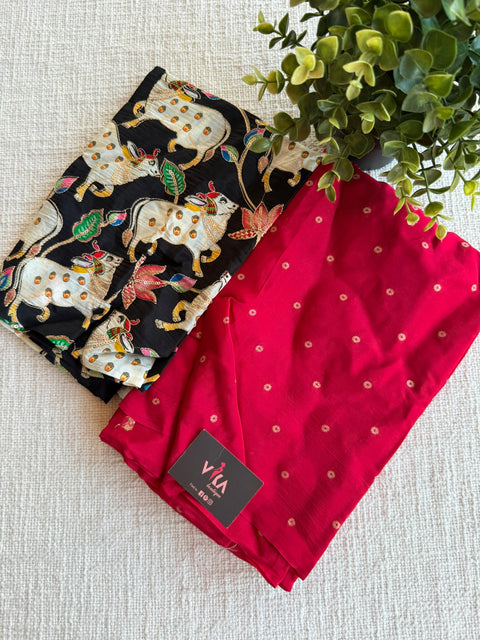 Pichwai blouse with satin crepe saree-Ruby