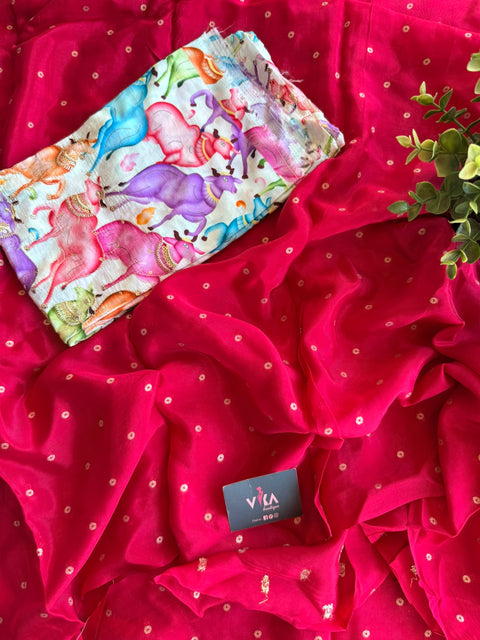 Pichwai blouse with satin crepe saree-Ruby