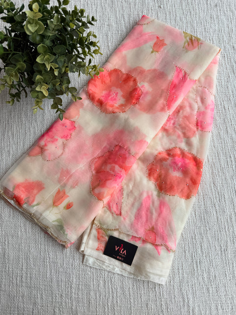 Cut dana work Floral printed chiffon saree