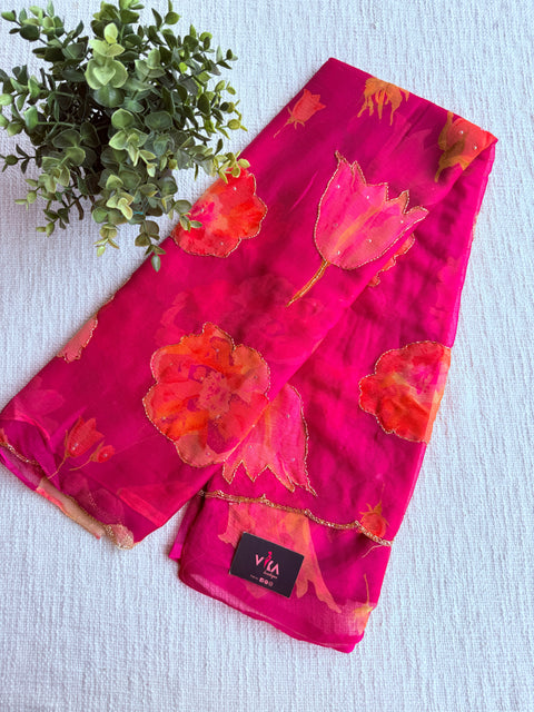 Cut dana work Floral printed chiffon saree