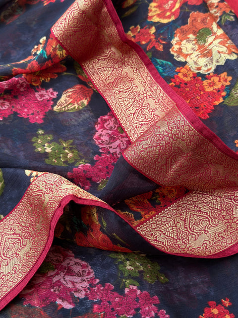 Floral printed chiffon saree