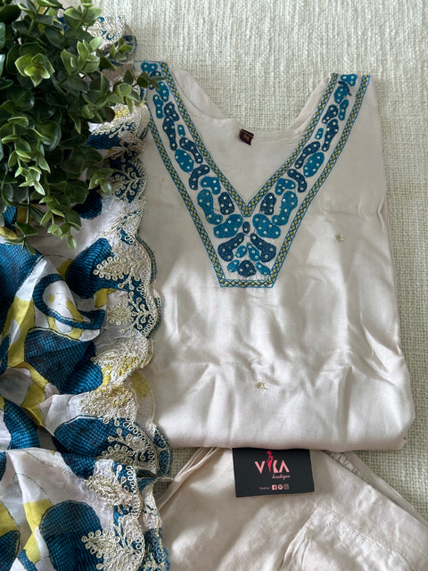 V neck muslin ready suit set