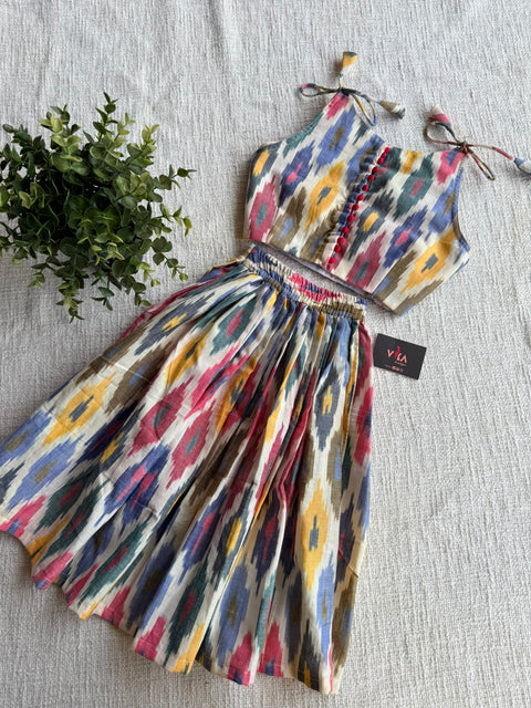 Multi colour Ikat cotton top and skirt
