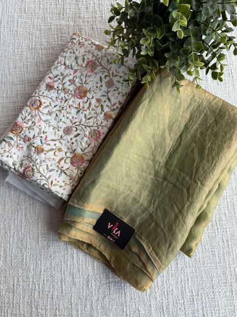 Golden green tissue organza saree