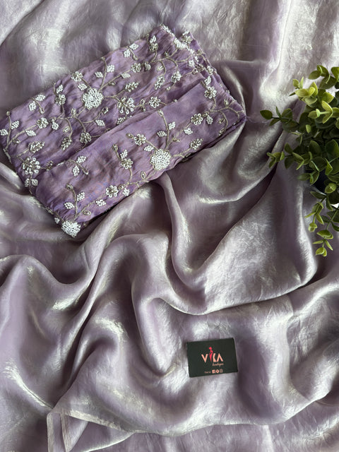 Lilac shiny tissue organza saree