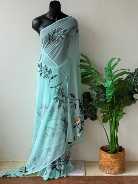 Sky Blue bird emb georgette saree