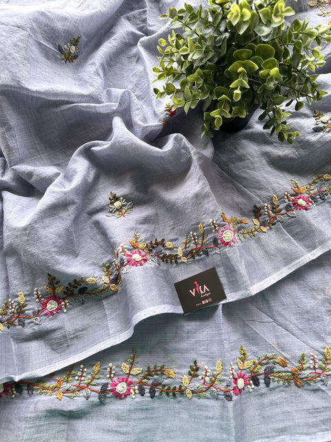 Hand embroidery cotton saree - Blueish Grey