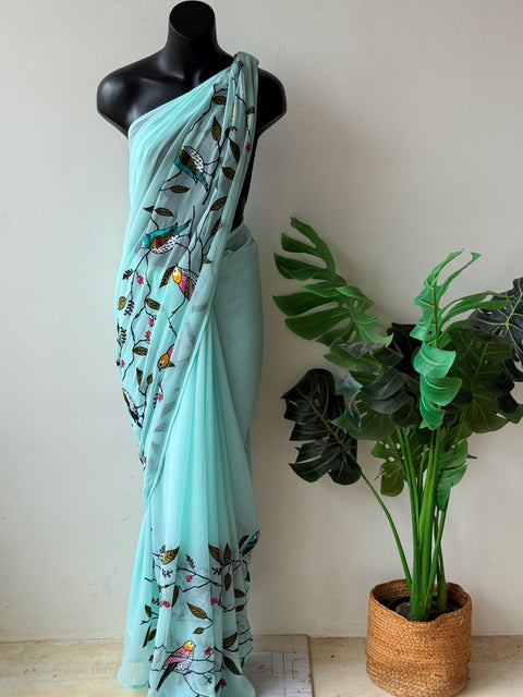 Sky Blue bird emb georgette saree
