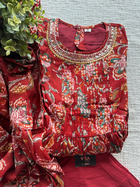 Reddish orange Printed cotton suit set