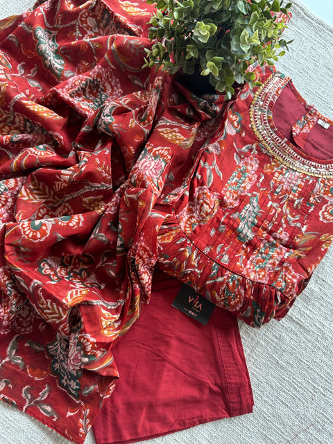 Reddish orange Printed cotton suit set