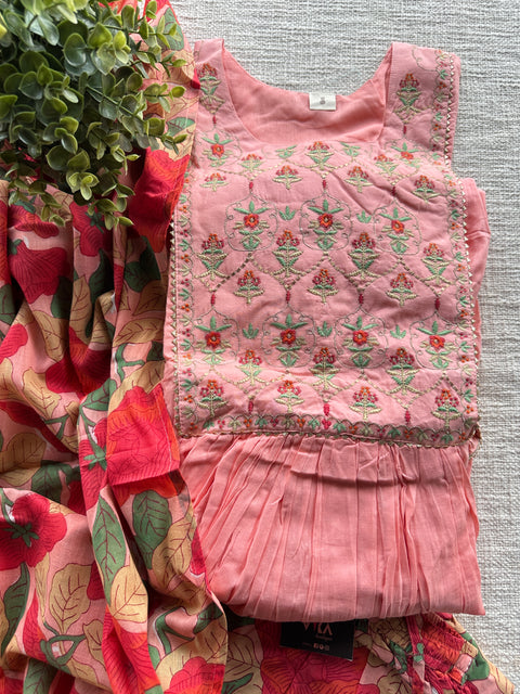 Peach emb long gown with dupatta