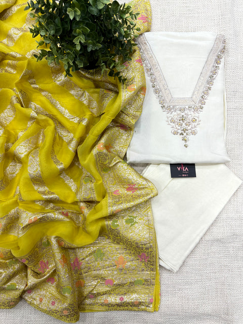 Offwhite/yellow semi stitched salwar material