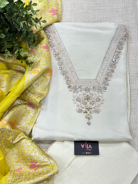 Offwhite/yellow semi stitched salwar material