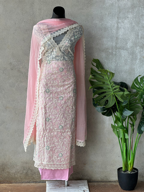 Offwhite/ pink Emb Kota salwar suit material