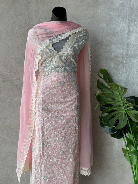 Offwhite/ pink Emb Kota salwar suit material