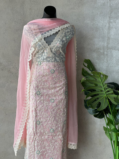 Offwhite/ pink Emb Kota salwar suit material