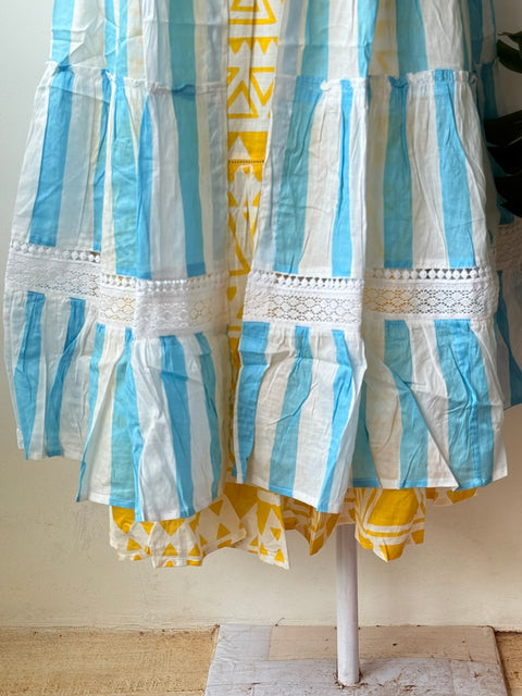 Yellow gown with Striped blue shrug