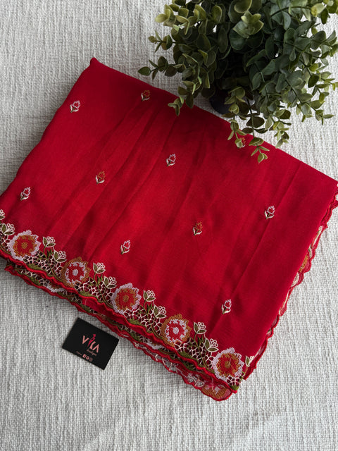 Red cut work emb vichitra saree