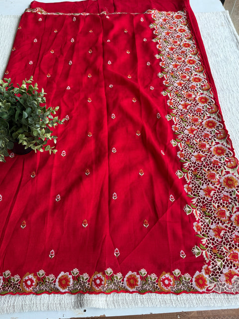 Red cut work emb vichitra saree