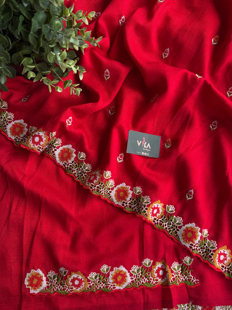 Red cut work emb vichitra saree