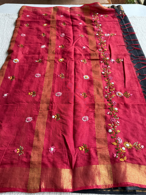 Shaded Hand emb 2D Linen cotton saree