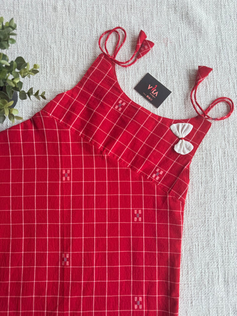 Red Checked Jamdani cotton kids frock
