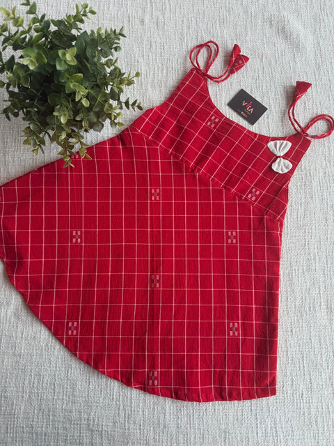 Red Checked Jamdani cotton kids frock