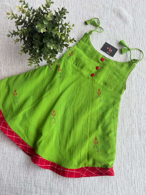 Parrot Green Jamdani cotton kids frock