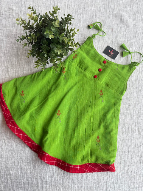 Parrot Green Jamdani cotton kids frock