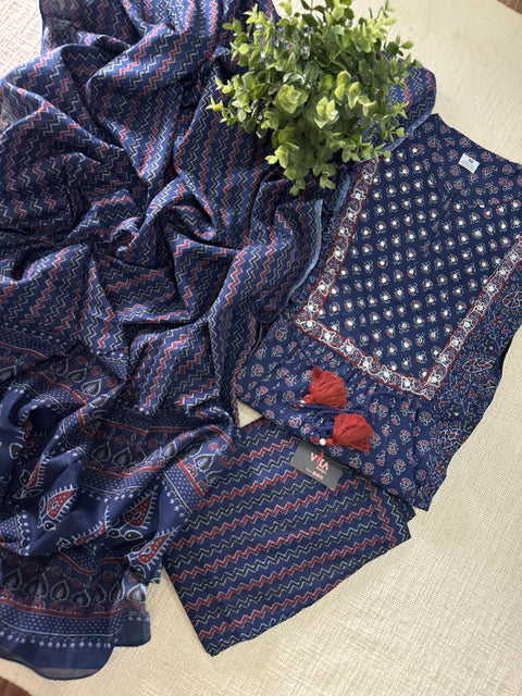 Navy blue printed cotton ready suit set