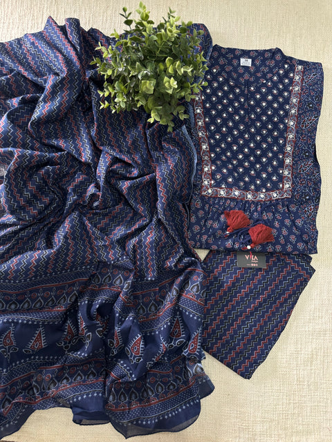 Navy blue printed cotton ready suit set