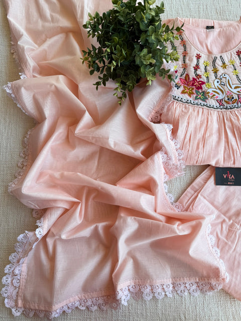 Peach emb mul cotton Ready suit set