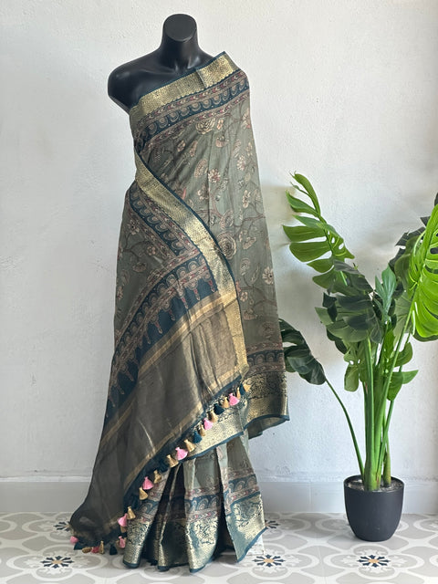 Kalamkari printed Desi Tussar silk saree