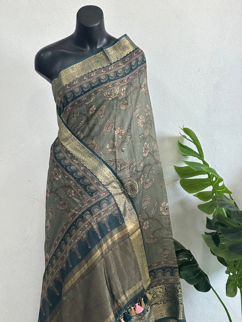 Kalamkari printed Desi Tussar silk saree