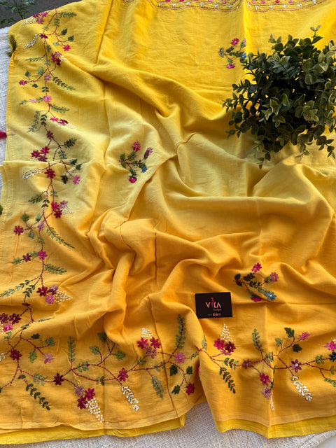 Hand emb 3D mul cotton saree