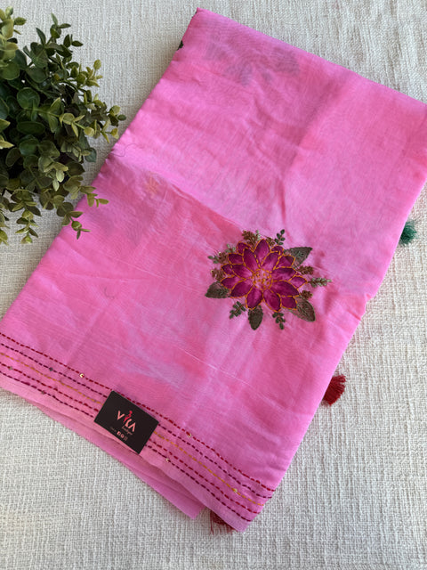 Hand emb mul chanderi saree