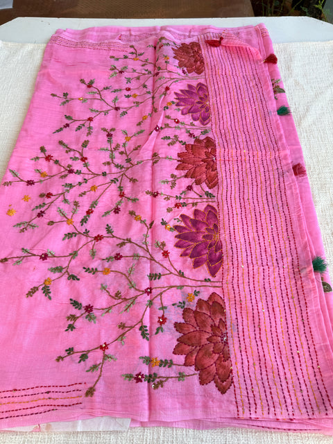 Hand emb mul chanderi saree