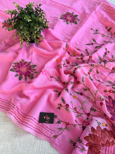 Hand emb mul chanderi saree