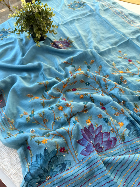 Hand emb mul chanderi saree