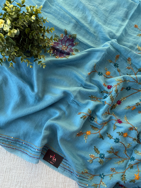 Hand emb mul chanderi saree