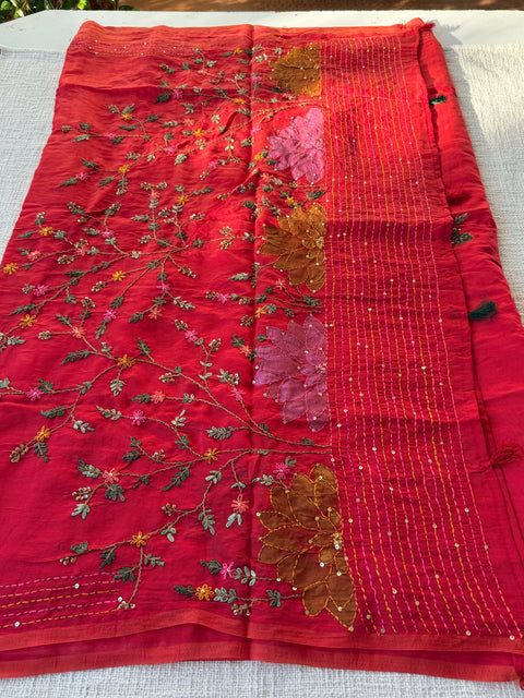 Hand emb mul chanderi saree